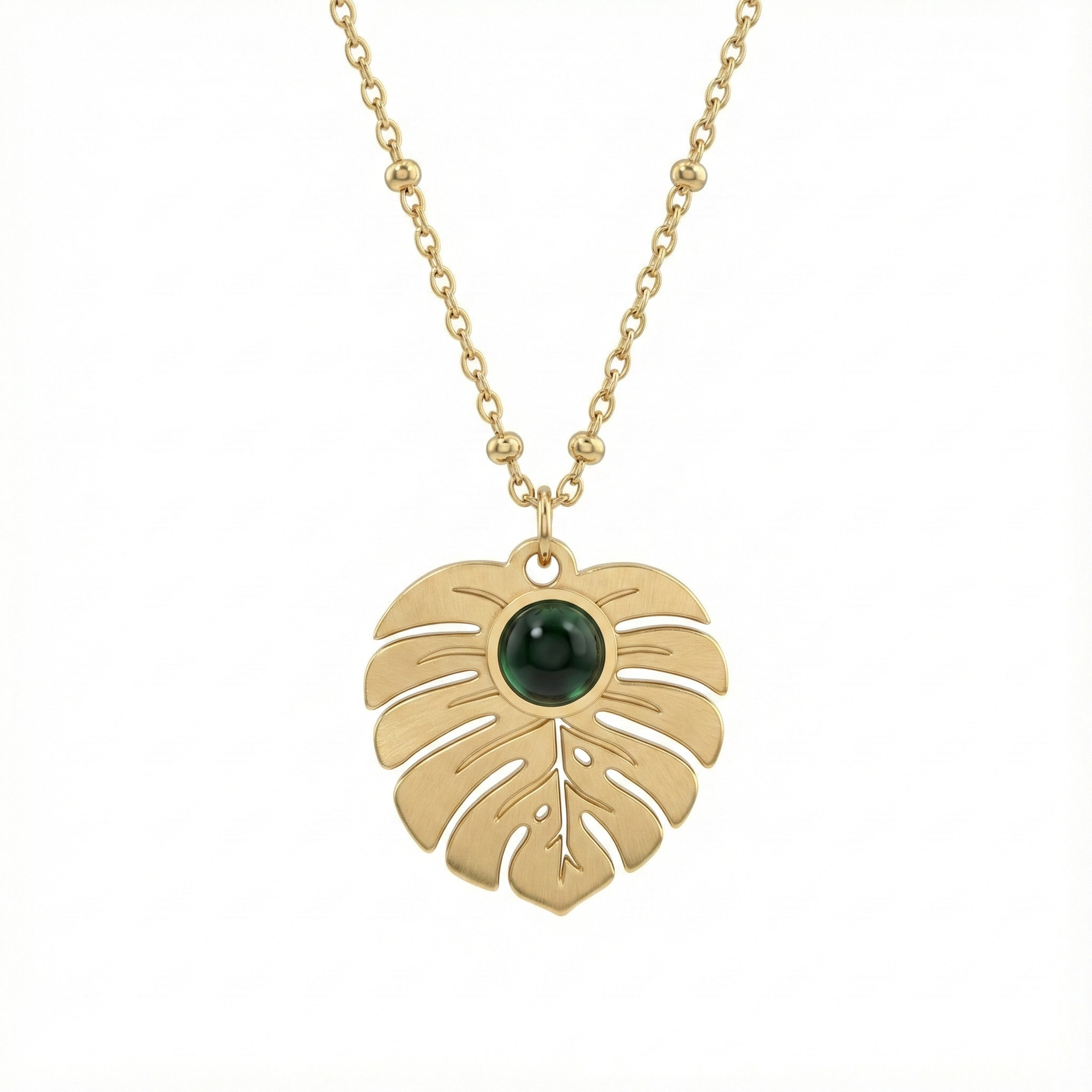 collier acier inoxydable argent feuille Monstera pierre verte vue large